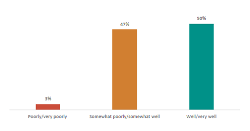 Figure thirty-seven shows how well teachers are coping to manage behaviour. 3% are coping ‘poorly/very poorly’. 47% are coping ‘somewhat poorly/somewhat well’. 50% are coping ‘well/very well’.