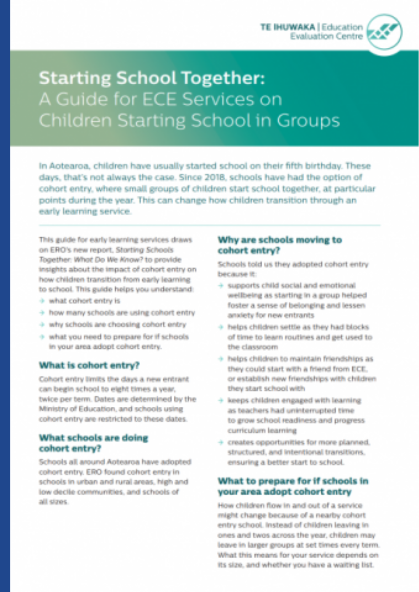 A Guide for ECE Services on Children Starting School in Groups