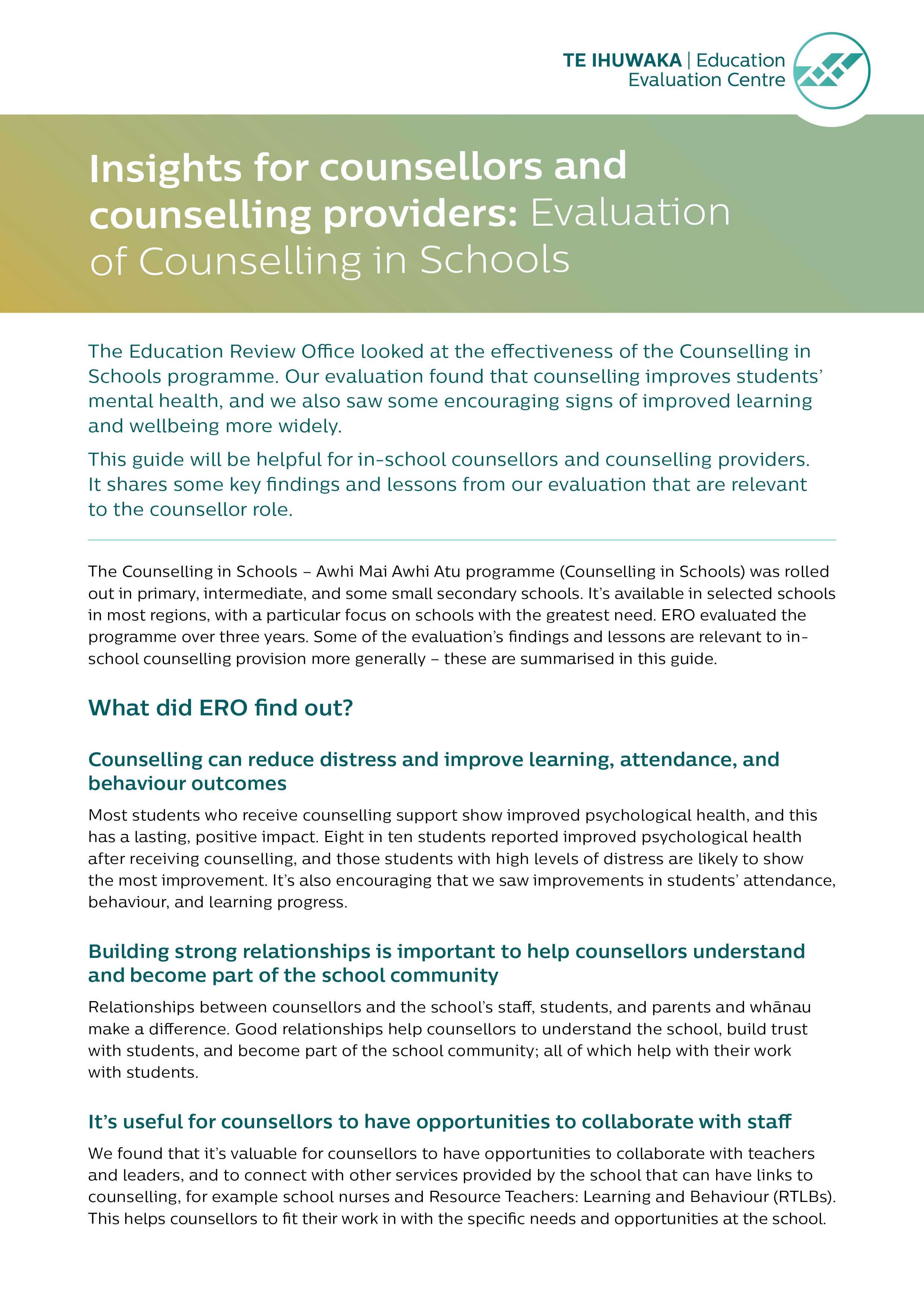Insights for counsellors and counselling providers: Evaluation of Counselling in Schools