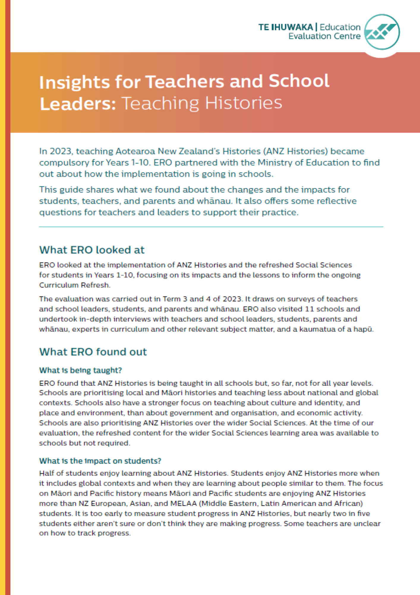 Insights for Teachers and School Leaders: Teaching Histories