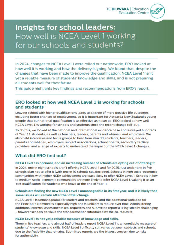 Insights for school leaders: How well is NCEA Level 1 working for schools and students             