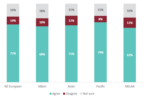 Figure 20 is a graph showing students’ agreement that their teacher helps them to understand Aotearoa New Zealand’s place in the world, for different ethnicities. For NZ European students, 72% agree that their teacher helps them to understand Aotearoa New Zealand’s place in the world. 10% of NZ European students disagree that their teacher helps them to understand Aotearoa New Zealand’s place in the world. 16% are not sure. For Māori students, 69% agree that their teacher helps them to understand Aotearoa New Zealand’s place in the world. 10% of Māori students disagree that their teacher helps them to understand Aotearoa New Zealand’s place in the world. 18% are not sure. For Asian students, 71% agree that their teacher helps them to understand Aotearoa New Zealand’s place in the world. 12% of Asian students disagree that their teacher helps them to understand Aotearoa New Zealand’s place in the world. 15% are not sure. For Pacific students, 74% agree that their teacher helps them to understand Aotearoa New Zealand’s place in the world. 8% of Pacific students disagree that their teacher helps them to understand Aotearoa New Zealand’s place in the world. 15% are not sure. For MELAA students, 63% agree that their teacher helps them to understand Aotearoa New Zealand’s place in the world. 12% of MELAA students disagree that their teacher helps them to understand Aotearoa New Zealand’s place in the world. 16% are not sure.